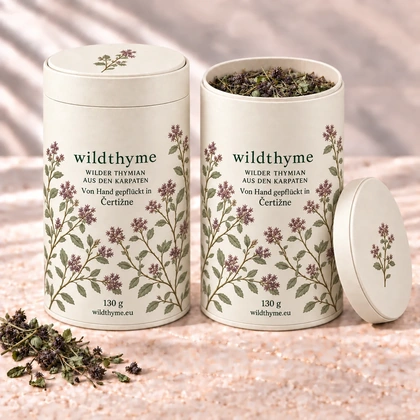 Wilder Thymian 130 g · Papierdose · Creme. Eine Packung, geschlossen und geöffnet gezeigt.