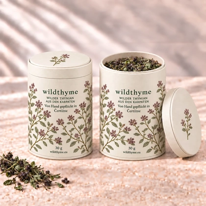 Wilder Thymian 30 g · Papierdose · Creme. Eine Packung, geschlossen und geöffnet gezeigt.