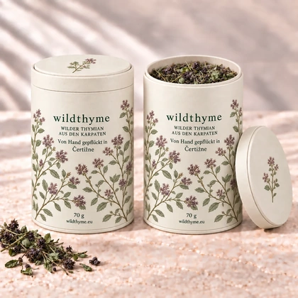 Wilder Thymian 70 g · Papierdose · Creme. Eine Packung, geschlossen und geöffnet gezeigt.