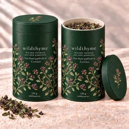 Wilder Thymian 130 g · Papierdose · Waldgrün. Eine Packung, geschlossen und geöffnet gezeigt.