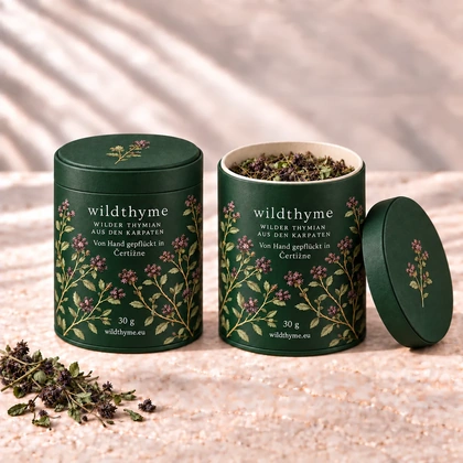 Wilder Thymian 30 g · Papierdose · Waldgrün. Eine Packung, geschlossen und geöffnet gezeigt.