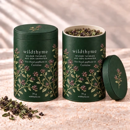 Wilder Thymian 70 g · Papierdose · Waldgrün. Eine Packung, geschlossen und geöffnet gezeigt.