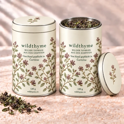 Wilder Thymian 130 g · Metalldose · Creme. Eine Packung, geschlossen und geöffnet gezeigt.