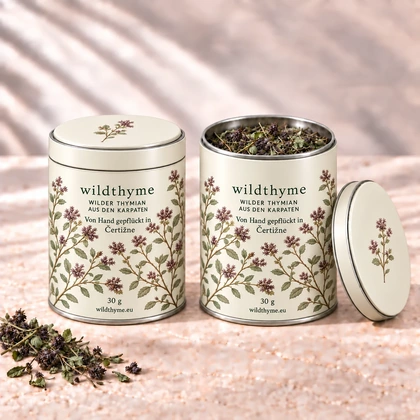 Wilder Thymian 30 g · Metalldose · Creme. Eine Packung, geschlossen und geöffnet gezeigt.