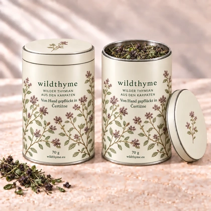 Wilder Thymian 70 g · Metalldose · Creme. Eine Packung, geschlossen und geöffnet gezeigt.