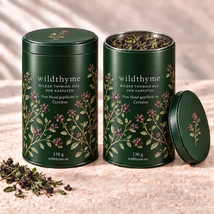 Wilder Thymian 130 g · Metalldose · Waldgrün. Eine Packung, geschlossen und geöffnet gezeigt.