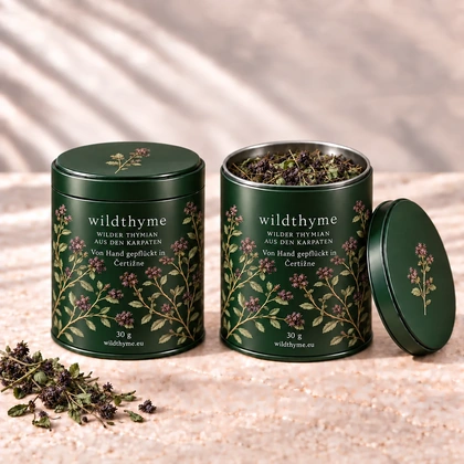 Wilder Thymian 30 g · Metalldose · Waldgrün. Eine Packung, geschlossen und geöffnet gezeigt.
