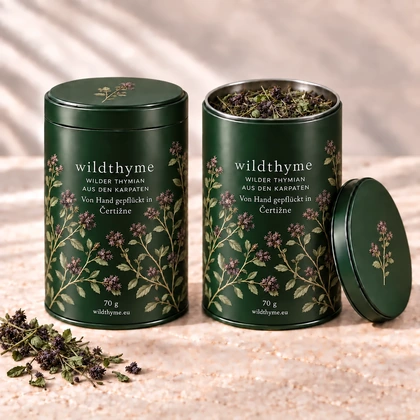 Wilder Thymian 70 g · Metalldose · Waldgrün. Eine Packung, geschlossen und geöffnet gezeigt.